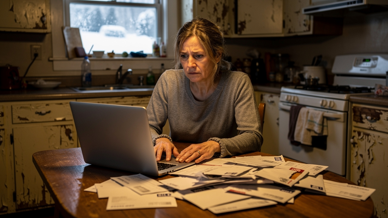 How to Sell Your House Fast in Minnesota Stressed homeowner sitting at kitchen table with financial worries
